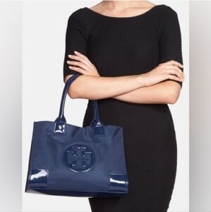 Tory Burch Nylon & Patent Leather Tote Bag in Navy Blue